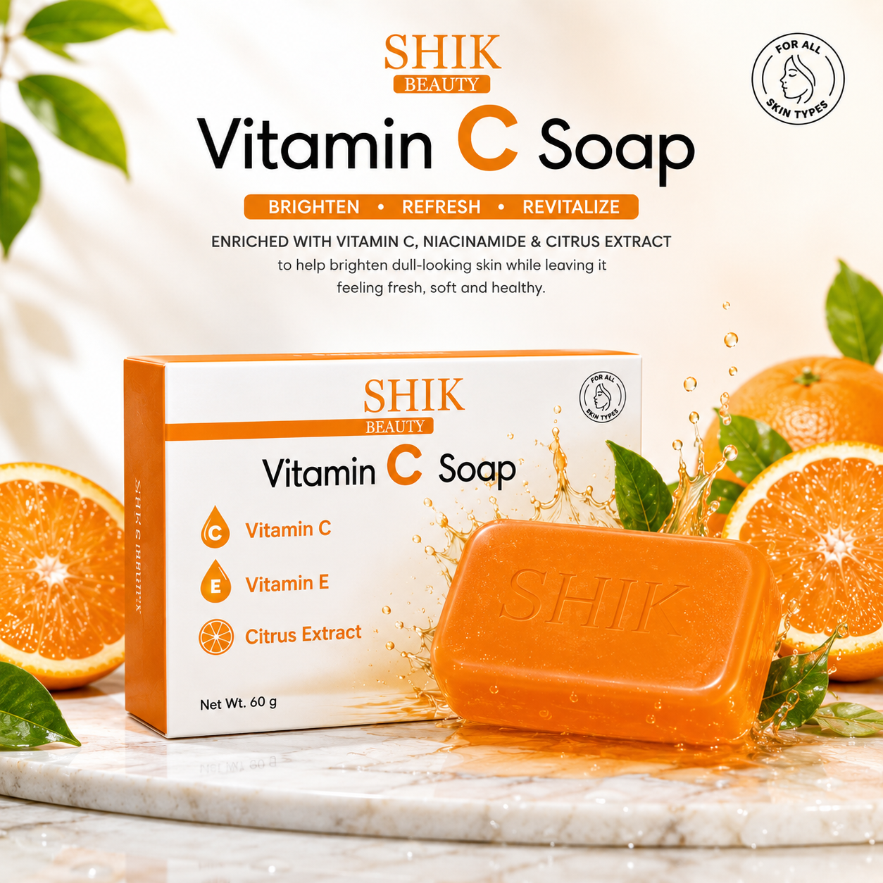 SHIK BEAUTY Vitamin C Soap (60g) — Brighten, Refresh, Revitalize Every Day