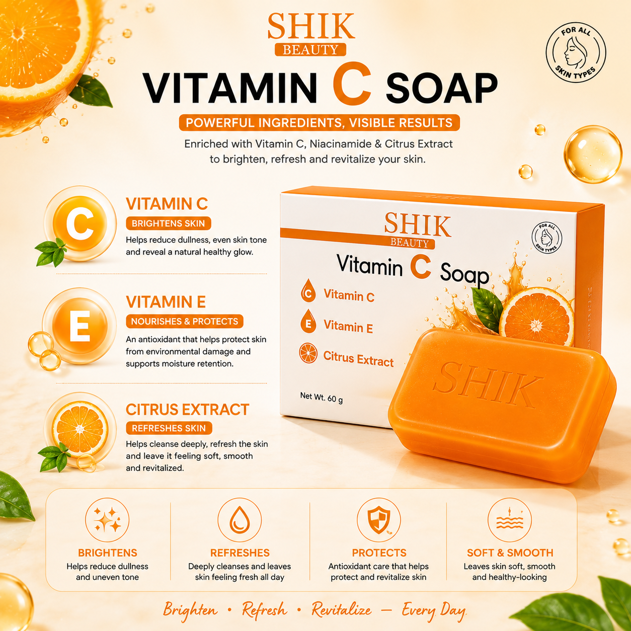 SHIK BEAUTY Vitamin C Soap (60g) — Brighten, Refresh, Revitalize Every Day