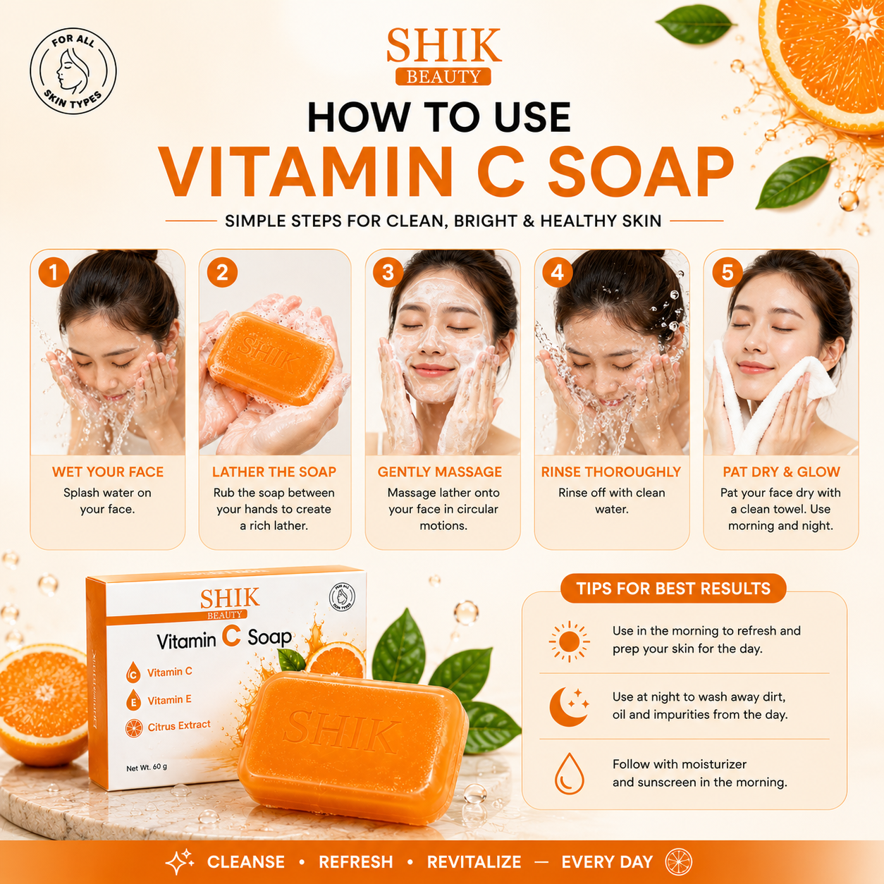 SHIK BEAUTY Vitamin C Soap (60g) — Brighten, Refresh, Revitalize Every Day