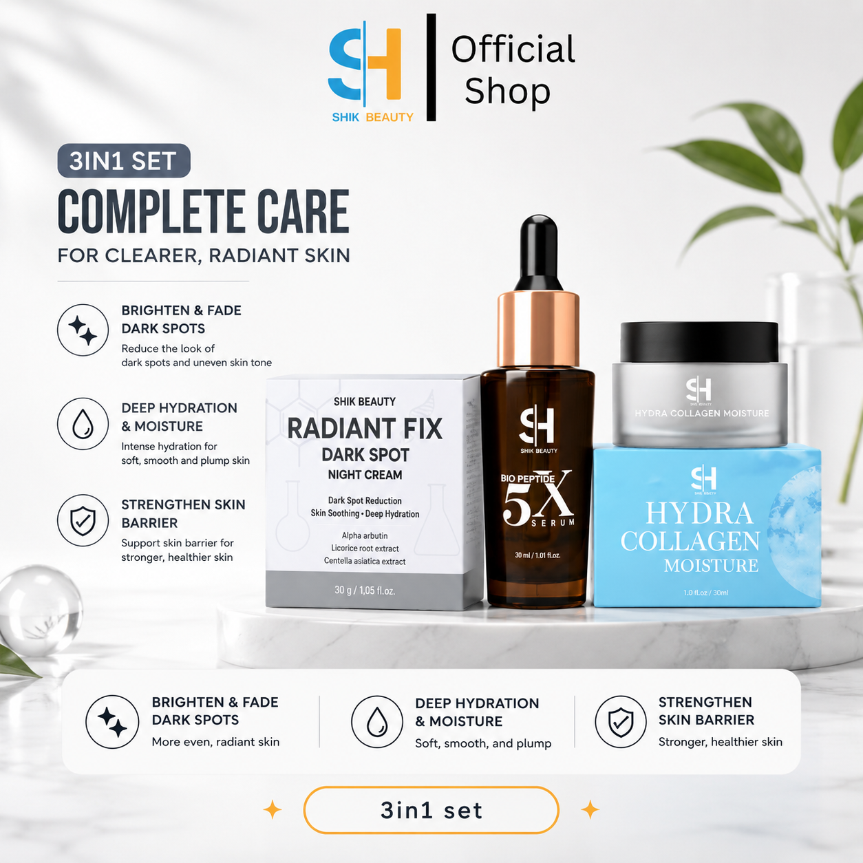 SHIK BEAUTY 3-in-1 Night Routine Set – Peptide Serum + Moisture + Night Cream