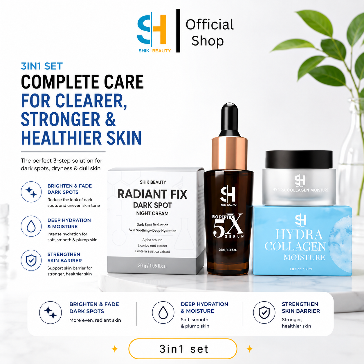 SHIK BEAUTY 3-in-1 Night Routine Set – Peptide Serum + Moisture + Night Cream